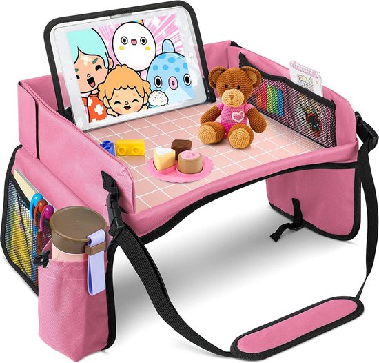 Premium Reistafel Voor Auto met Tekentafel & Tablethouder - Autostoel Organizer -Speeltafel - Whiteboard - Roze van Premium