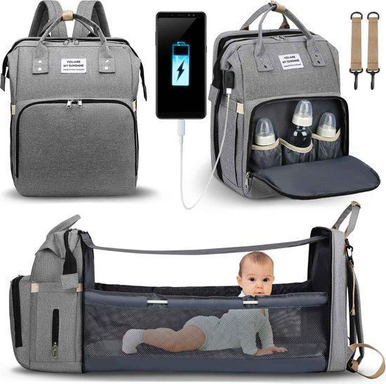 Product Plaza - Luier- en Verzorgingstas - Baby Rug Tas met bed - Reis Rugzak - Grote Capaciteit - Jongens en Meisjes - Grijs - luier tas - verzorgingstas baby - Uitschuifbaar Verschoon/ Slaap bedje - Multifunctionele Rugzak 0-1 jaar – van Pro+