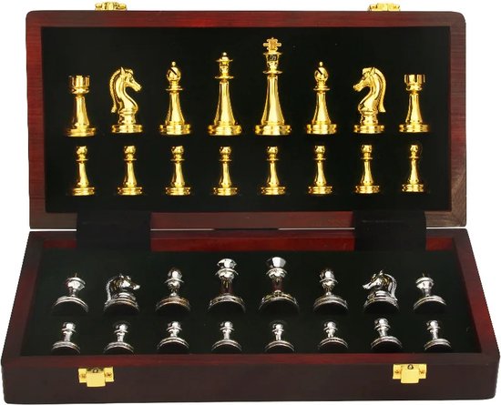Professionele Schaakset met Metalen Stukken in Houten Doos - Goud en Zilver - Klassiek Tijdloos Design - Draagbaar Schaakbord - Decoratie - Voor Kinderen of Volwassenen van Pro