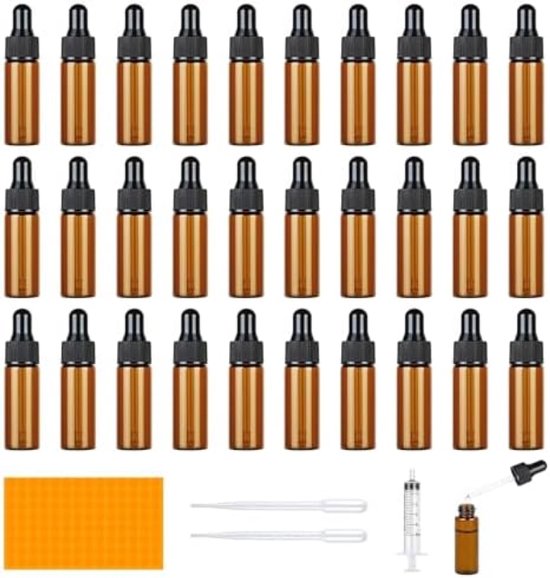 PromoHome 30 Stuks Mini Pipetfles Set - 5ml Amber Glazen Druppelflessen met Pipetten en Spuit - Herbruikbare Pipetflessen voor Etherische Oliën, Parfums en Vloeistoffen