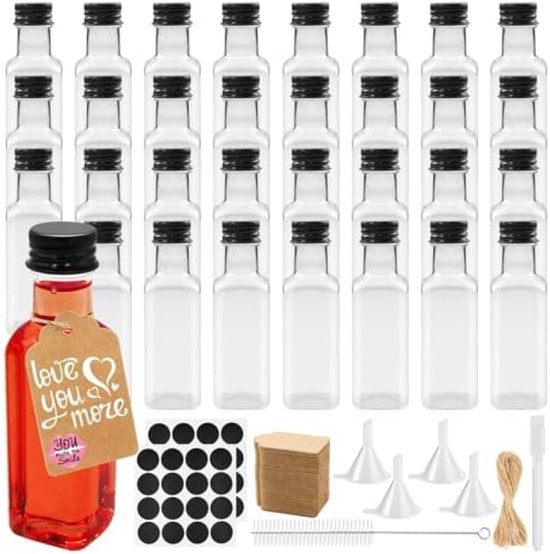 PromoHome 32 Stuks Mini Likeur Flesjes Set - 50ml Herbruikbare Vierkante Flessen met Accessoires