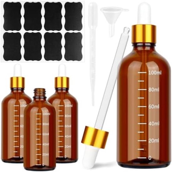 PromoHome 4 stuks pipetflessen set - 100 ml bruine glazen apothekersflessen met pipet, schaal, trechter en stickers voor etherische oliën, parfums en vloeistoffen