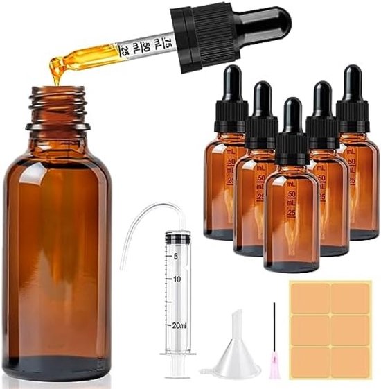 PromoHome 5 stuks 50ml amberkleurige glazen pipetflesjes set - Herbebruikbare druppelflessen met pipet, trechter, spuit en etiketten voor etherische oliën en vloeistoffen