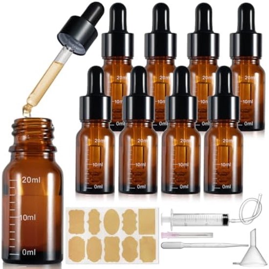 PromoHome 8 Stuks Amber Glazen Pipetflesjes 20ml met Maatverdeling - Herbruikbare Druppelflesjes Set met Trechter, Spuit en Etiketten voor Etherische Oliën en Aromatherapie