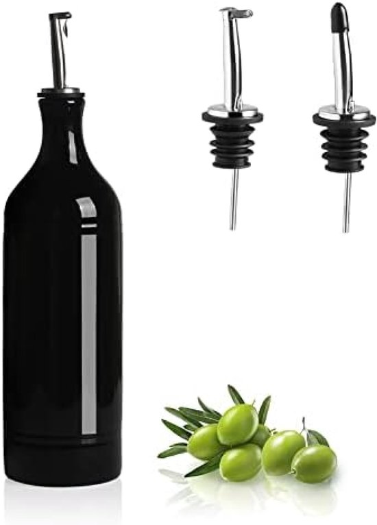PromoHome Keramische Olie en Azijn Dispenser - 680ml Zwarte Fles met Dubbel Tuitontwerp