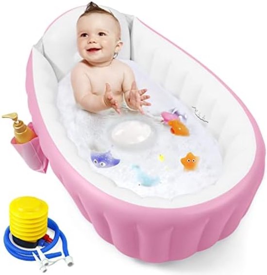 PromoHome Opblaasbare Babybadkuip - Draagbaar Reisbad voor Baby's en Peuters met Antislip Bodem, Luchtpomp en Afvoerplug - Roze Opvouwbaar Babybad voor Pasgeborenen tot 36 Maanden