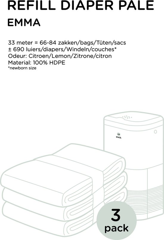 Puck Navulzakjes Luieremmer Emma Lemon Wit 3 Pack (3x rol van 11 mtr, +/-25 zakjes) van Puck.