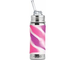 Pura Rietjesfles Free Flow 325 ml - Drinkfles - Bidon - Plasticvrij - Vaatwasserbestendig - Op 2 Manieren te Gebruiken - Medische Kwaliteit Siliconen - Inclusief Siliconen Rietje, Reisdop en Sleeve - Top is Verwisselbaar - Veelzijdig - Pink Swirl van Pura
