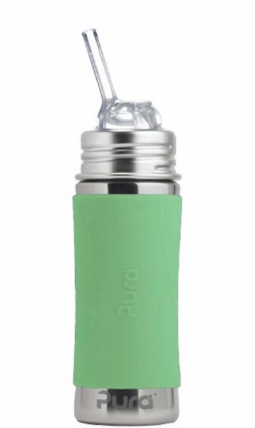Pura Rietjesfles Kiddo Free-Flow 325 ml - Drinkfles - Bidon - Plasticvrij - Vaatwasserbestendig - Op 2 Manieren te Gebruiken - Inclusief Siliconen Rietje, Reisdop, Sleeve en Reinigingsborsteltje - Top is Verwisselbaar - Veelzijdig - Moss van Pura