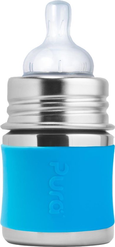 Pura Speenfles 150 ml - Plasticvrij - Drinkfles - Voorkomt Maagkrampen - Vaatwasserbestendig - Inclusief Siliconen Speen, Reisdop en Sleeve - Top is Verwisselbaar - Veelzijdig - Aqua van Merkloos
