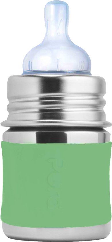 Pura Speenfles 150 ml - Plasticvrij - Drinkfles - Voorkomt Maagkrampen - Vaatwasserbestendig - Inclusief Siliconen Speen, Reisdop en Sleeve - Top is Verwisselbaar - Veelzijdig - Moss van Merkloos