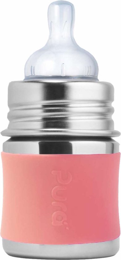 Pura Speenfles 150 ml - Plasticvrij - Drinkfles - Voorkomt Maagkrampen - Vaatwasserbestendig - Inclusief Siliconen Speen, Reisdop en Sleeve - Top is Verwisselbaar - Veelzijdig - Rose van Pura