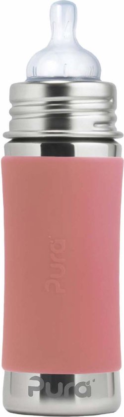 Pura Speenfles 325 ml - Plasticvrij - Drinkfles - Voorkomt Maagkrampen - Vaatwasserbestendig - Inclusief Siliconen Speen, Reisdop en Sleeve - Top is Verwisselbaar - Veelzijdig - Rose van Pura