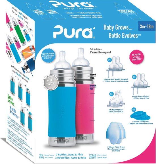 Pura Starterset 325 ml – Drinkfles voor Baby’s - Babyflessen - Plasticvrij – Anti-koliek Speen – 100% Plasticvrij - Veelzijdig - Vaatwasserbestendig - 2 Slow en Medium Flow spenen - Top is Verwisselbaar - Aqua en Roze van Merkloos