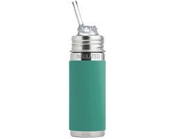 Pura Thermos Rietjesfles Free Flow 260 ml - Thermoskan - Thermosfles - Plasticvrij - Met Isolatiewand - Medische Kwaliteit Siliconen - Inclusief Siliconen Rietje Free-Flow, Reisdop en Borsteltje - Mint Sleeve