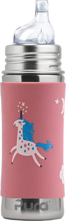 Pura Tuitfles 325 ml - Tuitbeker - Meegroeiend - Plasticvrij - Vaatwasserbestendig - Biedt Weerstand aan het Bijtinstinct - Inclusief Siliconen Tuit, Reisdop en Sleeve - Roze Unicorn van Pura