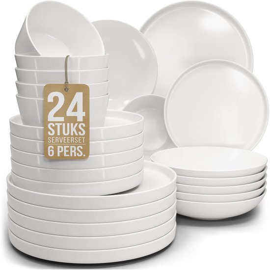 Pure Living Crystal Serviesset - Wit - 24-Delig - Voor 6 Personen - Massief Porselein - Krasbestendig - Magnetron & Vaatwasserbestendig