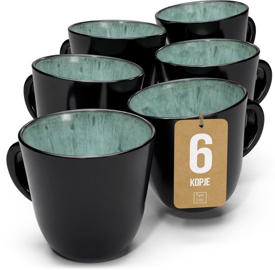 Pure Living Ibiza Dark Set Van 6 Koffiemokken - 435ml - Saliegroen - Aardewerk - Vaatwasserbestendig - Magnetronbestendig
