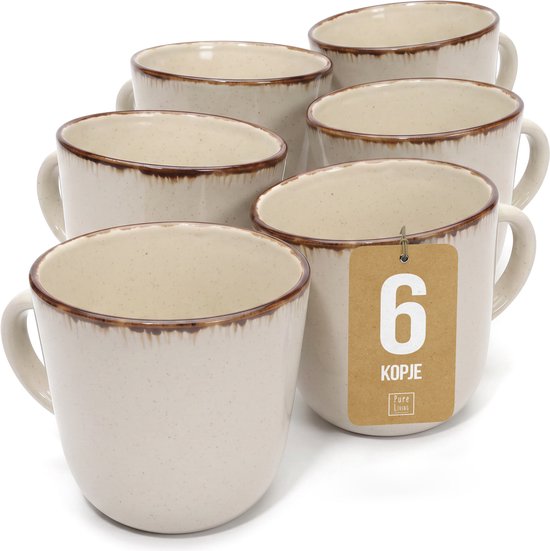 Pure Living Rustic Koffiemokken - Beige - Set Van 6 (435 ml) - Massief Aardewerk - Landelijk Design - Magnetron & Vaatwasserbestendig