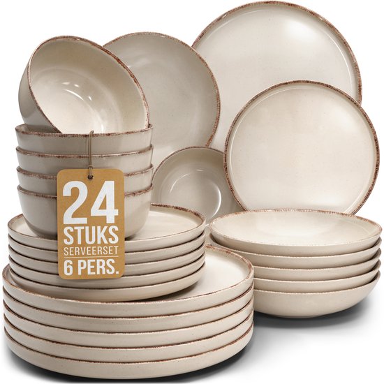 Pure Living Rustic Serviesset - Beige - 24-Delig Voor 6 Personen - Massief Aardewerk - Landelijk Design - Magnetron & Vaatwasserbestendig