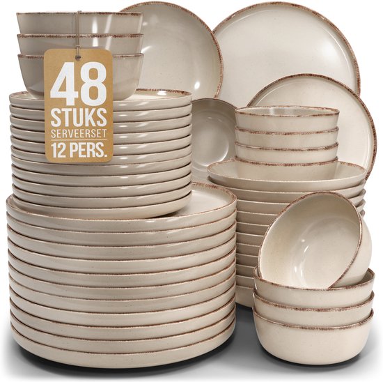 Pure Living Rustic Serviesset - Beige - 48-Delig Voor 12 Personen - Massief Aardewerk - Landelijk Design - Magnetron & Vaatwasserbestendig