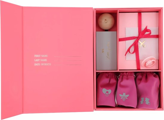 Pure Moms - Roze editie Luxe Memory box - Zeer luxe Baby Geschenkset - 24 delig Herinneringendoos - Kraamcadeau - Babyshower - Cadeau + inclusief inktafdrukje + roze speentje 0-6 maanden van Pure
