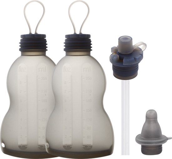 Pure Moms - Siliconen Moedermelk Bewaarzakjes - NEW - Flesjes - Herbruikbaar - 2 Stuks - Inclusief duurzame speen opzetstuk + Rietje opzetstuk - Borstvoeding Flesjes 260 ML - BPA Vrij van Pure