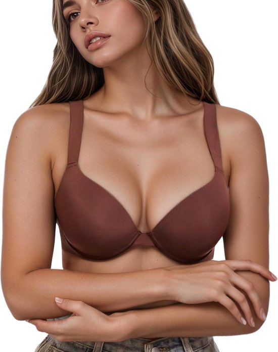 Push-up beha voor dames, met draad en plunge-hals, ademende katoenen inzetstukken, chocoladebruin, comfortabele beha met middensteun en push-up-effect