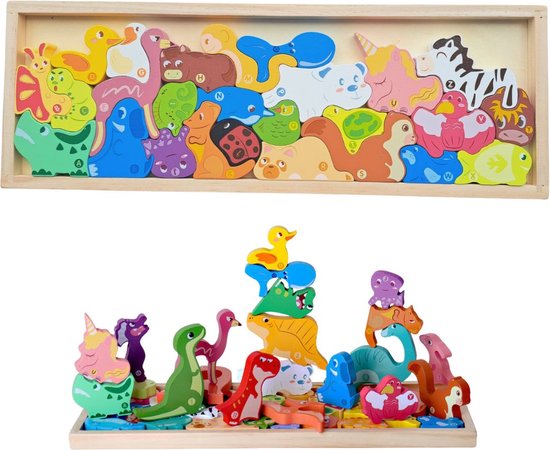 Puzzelen, bouwen en spelen met houten dieren - Jigsaw - Jigsaw puzzel - Bouwen speelgoed – Balansspel - Creatief kinderen - Creatief speelgoed - Safari dieren - Houten speelgoed - Creatief - Bouwen - Houten dieren speelgoed - Blokken - Bouwblokken van Jigsaw