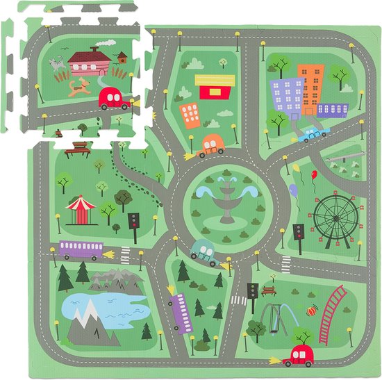 puzzelmat baby - auto - 9 speeltegels - rand - foam - afwasbaar - kruipmat van Merkloos