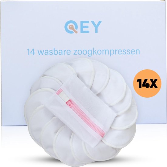 QEY - 14 Wasbare Zoogcompressen - Borstvoeding Pads - Zoogkompressen - Bamboe - incl. Wasnetje - 12cm - Wit van QEY