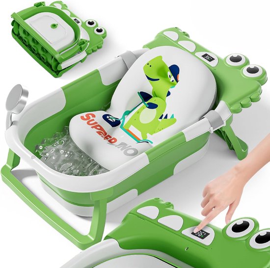 QIN® Baby Badje met Standaard - Baby Badje - Inklapbaar Bad - met Badkussentje en Ingebouwde Thermometer - Appelgroen - 63cm x 42cm x 20cm