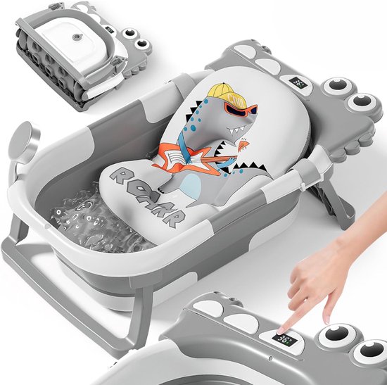 QIN® Baby Badje met Standaard - Baby Badje - Inklapbaar Bad - met Badkussentje en Ingebouwde Thermometer - Grijs - 63cm x 42cm x 20cm