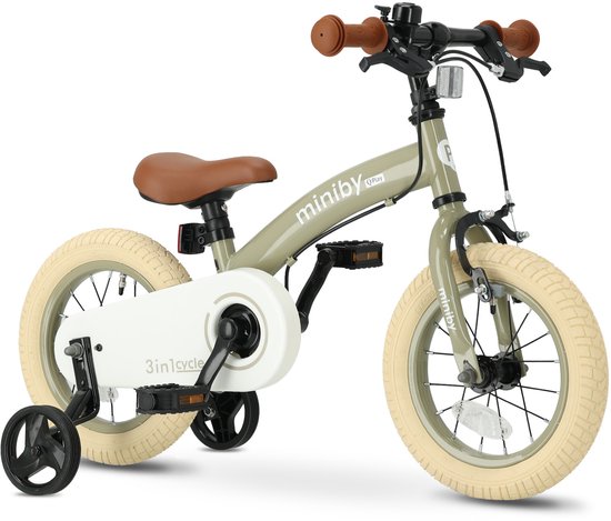 Qplay Miniby Kinderfiets 12 inch - 3 in 1 - loopfiets - Olive van Qplay