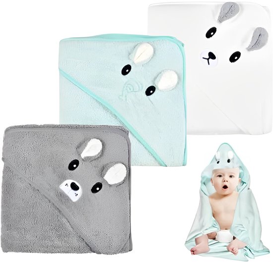 QTTVBTNA - Baby Badcape - Baby Handdoek met Kap - Zachte Coral Fleece - Voor Baby's en Peuters - 0-5 jaar - Grijs, Wit, Groen - 80x80 cm - 3 Stuks