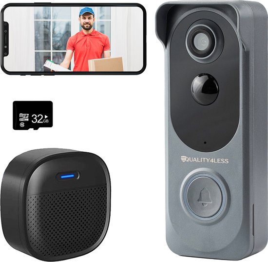 Quality4Less™ - Slimme Draadloze Video Deurbel met camera - Inclusief draadloze gong en 32GB SD-Kaart - 1080P Full HD - Wifi deurbel - Geen betaald abonnement nodig - Grijs van Quality4Less™