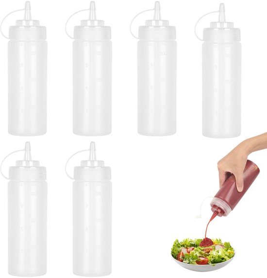 Quetschflaschen voor sauzen, 6 stuks 360 ml / 12 oz, plastic knijpflesjes met doppen - BPA-vrij, lekvrij - Condimentflessen voor kleuren, bakken, ketchup, pittige sauzen, olijfolie