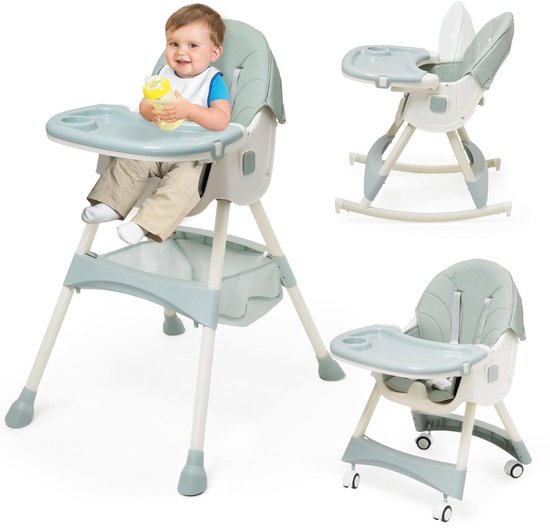 QUOVO® Kinder Eetstoel – 3-in-1 Babystoel Voor Aan Tafel Met Dienblad - Baby Stoel Voor Eten Met Wieltjes - Meegroei Kinderstoel - Baby stoeltje Zitten - Meegroeistoel Met Ligfunctie - Kindereetstoel - Groen - 52cm x 44cm x 28cm
