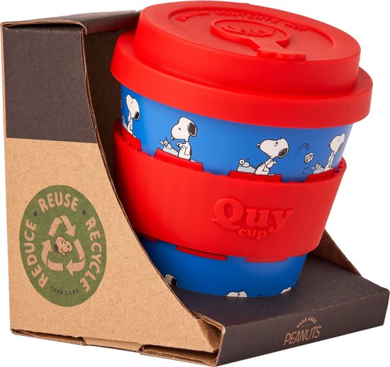 Quy Cup 230ml Ecologische Reis Beker - SNOOPY - De Schrijver - BPA Vrij - Gemaakt van Gerecyclede Pet Flessen met Rood Siliconen deksel-drinkbeker-reisbeker van Quy Cup