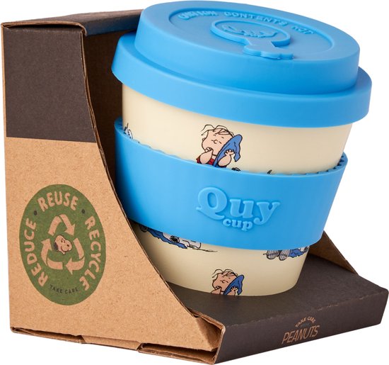 Quy Cup 230ml Ecologische Reis Beker - SNOOPY - Dekentje - BPA Vrij - Gemaakt van Gerecyclede Pet Flessen met Licht Blauw Siliconen deksel-drinkbeker-drinks on the go van Quy Cup