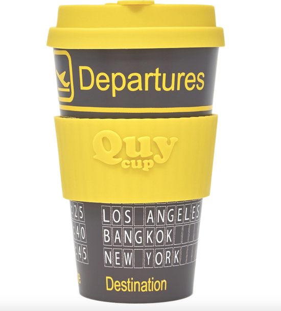 Quy Cup 400ml Ecologische Reis Beker - "Departures" - BPA Vrij - Gemaakt van Gerecyclede Pet Flessen met Gele Siliconen deksel van Quy Cup