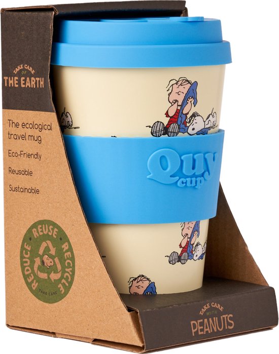 Quy Cup 400ml Ecologische Reis Beker - Peanuts Snoopy "Dekentje" - BPA Vrij - Gemaakt van Gerecyclede Pet Flessen met Licht blauw Siliconen deksel-drinkbeker-reisbeker van Quy Cup