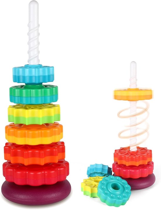 Rainbow Spin Tower – Educatief stapel- en draaibaar speelgoed voor peuters – 6 kleurrijke schijven – Montessori sensorisch speelgoed voor baby’s en kinderen 1-3 jaar van Playbrainz