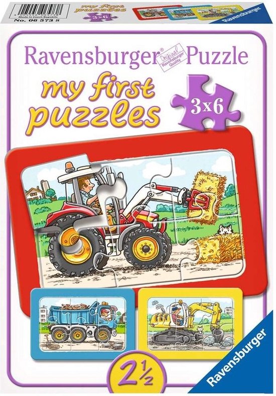 Ravensburger Graafmachine, tractor en kiepauto- My First puzzels -3x6 stukjes - kinderpuzzel van Ravensburger