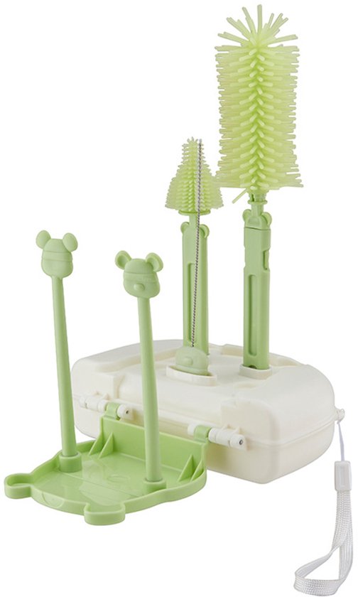 Reinigingsborstelset met opbergdoos - flessenborstel - Flessenrek - Flessen Droogrek - Reinigingsborstelset - Groene reinigingsborstelset - Afdruiprek van Merkloos
