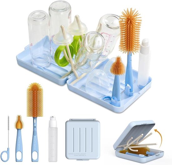 Reis Fles Reiniger - Baby Fles Set - Flessen Schoonmaken - Zelfopenend Droogrek - 6-delig - Blauw