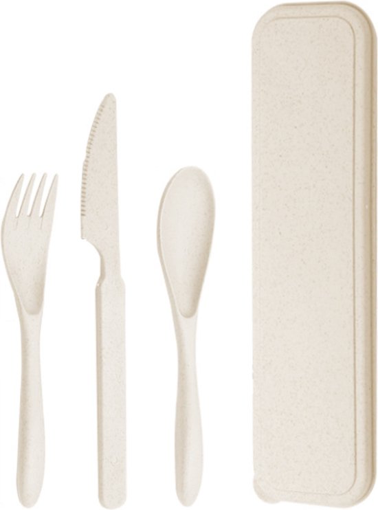 Reisbestek Set - Beige | Milieuvriendelijk/Herbruikbaar | 21 x 5,8 x 2,9 cm | Opbergbox | Fashion Favorite van Fashion Favorite
