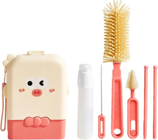 Reisfles Reinigingsset - Draagbare Borstelset - Flessen Hygiënisch Houden - Opvouwbaar Droogrek - 5.7 x 13.9 cm - Roze