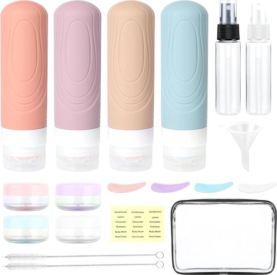 Reisflessen om te vullen, 19-delige siliconen reisflessenset 90 ml, lekvrije hervulbare draagbare reisflessenset voor shampoo crèmespoeling, BPA-vrij van Kesell