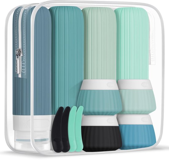 Reisflessen van siliconen, 4 x 90 ml & 4 x 40 ml, reiscontainer met toilettas en lege stickers, navulbaar en anti-uitloop, voor shampoo, lotion, cosmetica #06